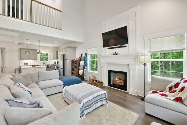 3650 Riggins Rd, Cumberland Furnace, TN 37051 - living room with dark wood finished floors, a lit fireplace, recessed lighting, and a high ceiling
