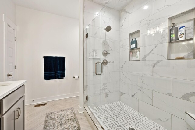 3650 Riggins Rd, Cumberland Furnace, TN 37051 - bathroom featuring a stall shower, vanity, and baseboards