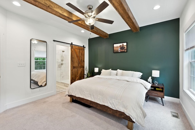 3650 Riggins Rd, Cumberland Furnace, TN 37051 - carpeted bedroom featuring a barn door, recessed lighting, beamed ceiling, baseboards, and connected bathroom