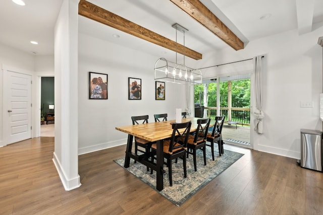 3650 Riggins Rd, Cumberland Furnace, TN 37051 - dining area with beamed ceiling, dark wood finished floors, baseboards, recessed lighting, and a chandelier