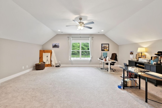 3650 Riggins Rd, Cumberland Furnace, TN 37051 - home office featuring vaulted ceiling, carpet floors, a ceiling fan, and baseboards