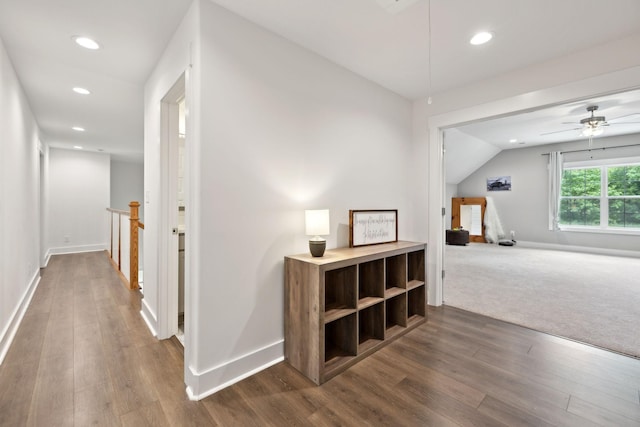 3650 Riggins Rd, Cumberland Furnace, TN 37051 - hallway featuring an upstairs landing, recessed lighting, dark wood-type flooring, baseboards, and vaulted ceiling