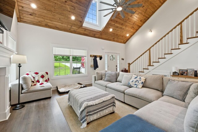 3650 Riggins Rd, Cumberland Furnace, TN 37051 - living area featuring a ceiling fan, wood ceiling, high vaulted ceiling, stairs, and wood finished floors