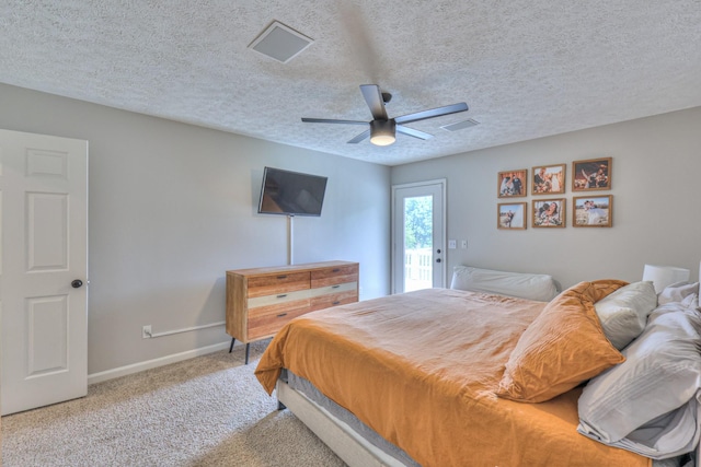 1713 Hollow Oak Dr, Lebanon, TN 37087 - bedroom with carpet floors, baseboards, access to exterior, a ceiling fan, and a textured ceiling