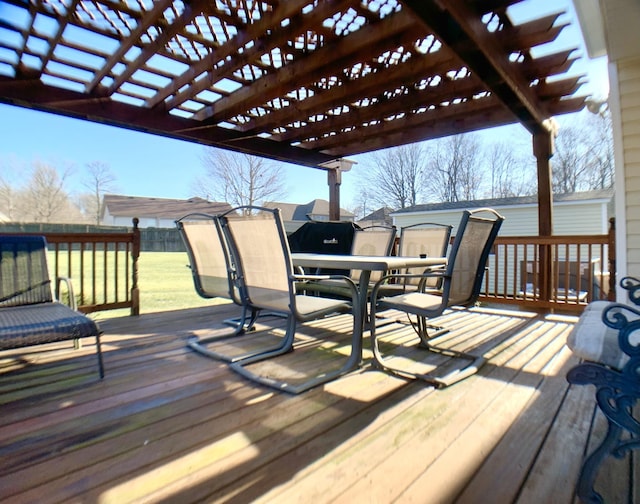1635 Barrywood Cir E, Clarksville, TN 37042 - wooden terrace with outdoor dining area, a pergola, a fenced backyard, and an outdoor structure