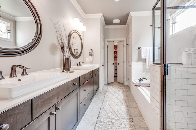 134 Fitzgerald St, Franklin, TN 37064 - full bath with a bath, double vanity, ornamental molding, a stall shower, and plenty of natural light
