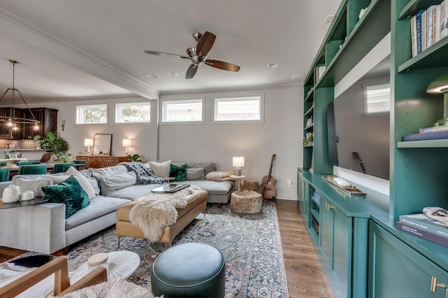 134 Fitzgerald St, Franklin, TN 37064 - living room featuring ornamental molding, light wood finished floors, ceiling fan, and plenty of natural light
