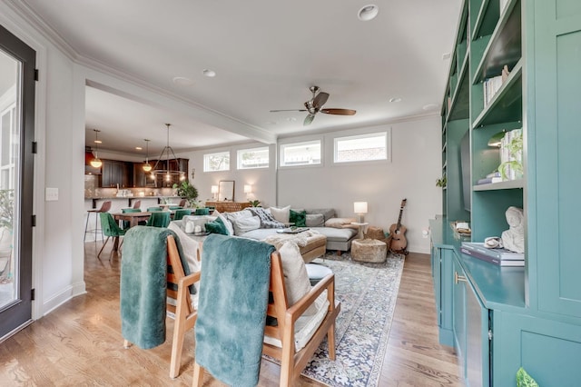 134 Fitzgerald St, Franklin, TN 37064 - living area with ornamental molding, a ceiling fan, light wood-style floors, recessed lighting, and baseboards
