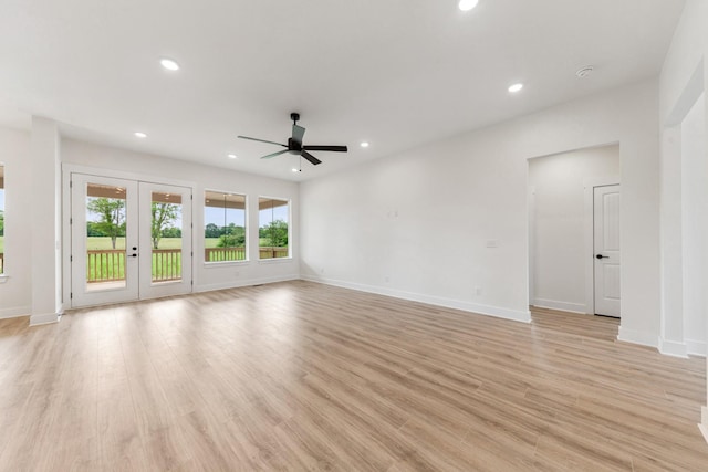 338 Dugout Rd, Summertown, TN 38483 - unfurnished living room with ceiling fan, french doors, light wood-style floors, baseboards, and recessed lighting
