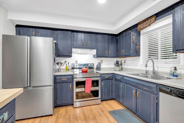 130 Shane Lee Cir, Dover, TN 37058 - kitchen with appliances with stainless steel finishes, under cabinet range hood, a sink, blue cabinetry, and light countertops