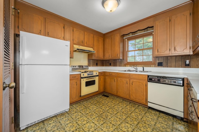 2715 Clearview Ct, Murfreesboro, TN 37129 - kitchen with white appliances, a sink, light countertops, under cabinet range hood, and tile patterned floors