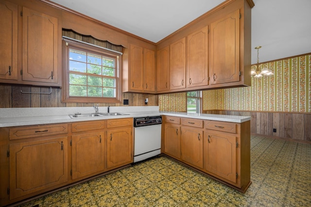 2715 Clearview Ct, Murfreesboro, TN 37129 - kitchen with dishwasher, a sink, a wainscoted wall, tile patterned floors, and wallpapered walls