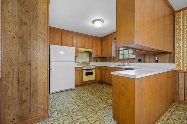 2715 Clearview Ct, Murfreesboro, TN 37129 - kitchen featuring freestanding refrigerator, stove, under cabinet range hood, a peninsula, and a sink