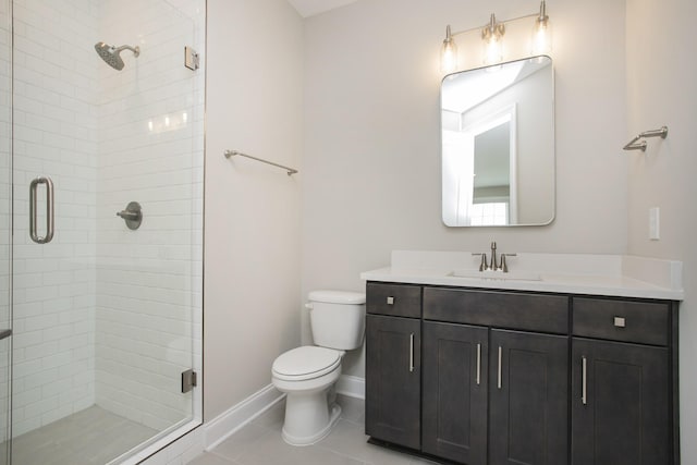 5952 Hunt Valley Dr, Spring Hill, TN 37174 - bathroom featuring a stall shower, toilet, vanity, baseboards, and tile patterned flooring