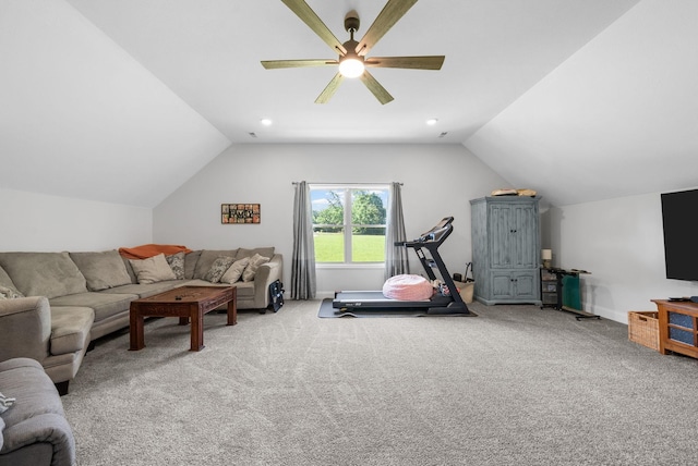 1415 Southside Rd, Southside, TN 37171 - living room with vaulted ceiling, a ceiling fan, carpet flooring, and recessed lighting