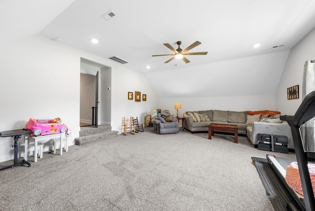 1415 Southside Rd, Southside, TN 37171 - living room featuring vaulted ceiling, a ceiling fan, carpet, and recessed lighting