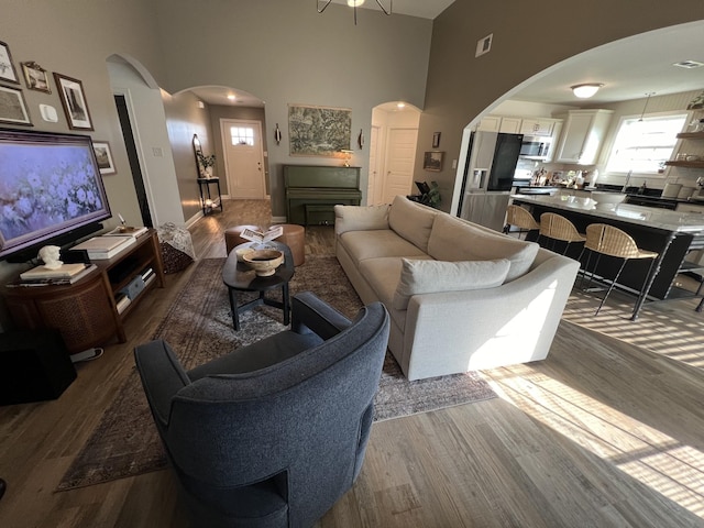 219 Dugger Dr, Clarksville, TN 37042 - living room featuring arched walkways, a towering ceiling, and wood finished floors