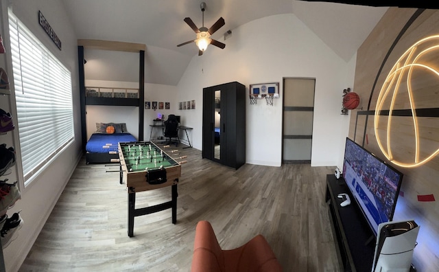 219 Dugger Dr, Clarksville, TN 37042 - game room with vaulted ceiling, wood finished floors, and ceiling fan