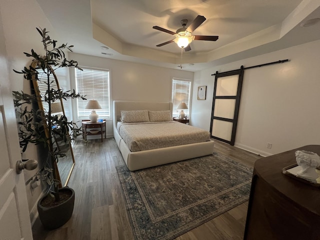 219 Dugger Dr, Clarksville, TN 37042 - bedroom with a tray ceiling, a barn door, multiple windows, and dark wood-type flooring
