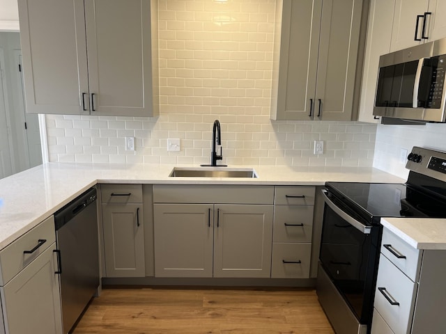 3048 Chateau Valley Dr, Nashville, TN 37207 - kitchen featuring appliances with stainless steel finishes, a sink, gray cabinets, and decorative backsplash
