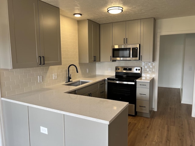 3048 Chateau Valley Dr, Nashville, TN 37207 - kitchen featuring stainless steel appliances, a sink, gray cabinets, light wood-type flooring, and a peninsula