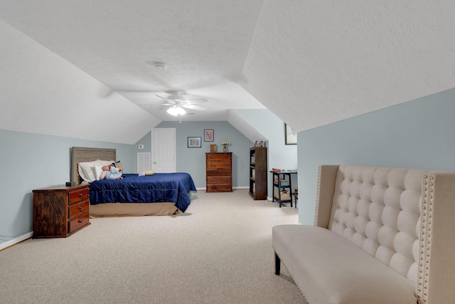 891 Deepwoods Rd, Sewanee, TN 37375 - bedroom with carpet, a textured ceiling, vaulted ceiling, ceiling fan, and baseboards