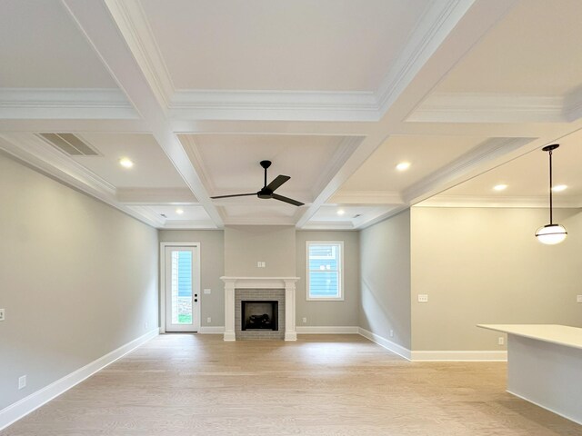 7131 Frances St, Fairview, TN 37062 - unfurnished living room featuring ceiling fan, plenty of natural light, coffered ceiling, beamed ceiling, and light wood finished floors