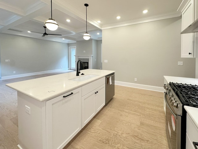 7131 Frances St, Fairview, TN 37062 - kitchen featuring appliances with stainless steel finishes, a fireplace, a ceiling fan, open floor plan, and ornamental molding