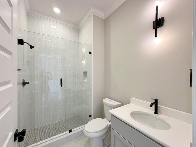 7131 Frances St, Fairview, TN 37062 - full bathroom featuring a shower stall, ornamental molding, vanity, and tile patterned floors