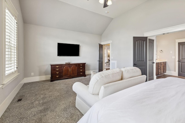 9201 Dutch Belted Ct, Nolensville, TN 37135 - bedroom with lofted ceiling, baseboards, dark colored carpet, ensuite bathroom, and a ceiling fan