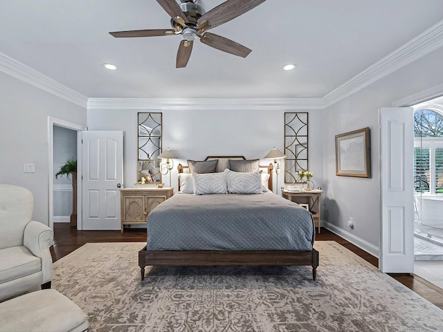 1004 Jones Pkwy, Brentwood, TN 37027 - bedroom with baseboards, crown molding, dark wood-style floors, recessed lighting, and ceiling fan