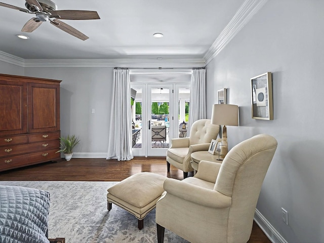 1004 Jones Pkwy, Brentwood, TN 37027 - sitting room featuring baseboards, ornamental molding, a ceiling fan, dark wood-type flooring, and recessed lighting