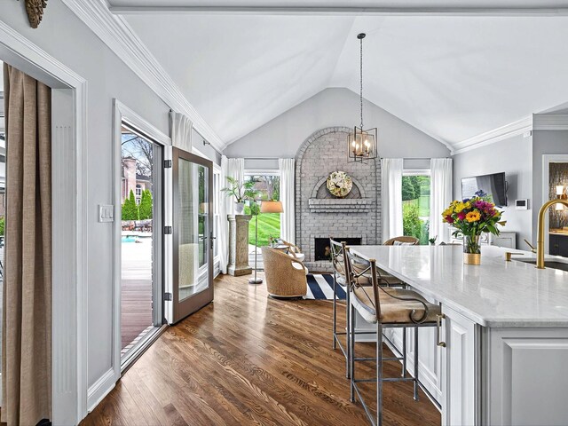 1004 Jones Pkwy, Brentwood, TN 37027 - kitchen featuring vaulted ceiling, open floor plan, dark wood-style flooring, a sink, and light stone counters
