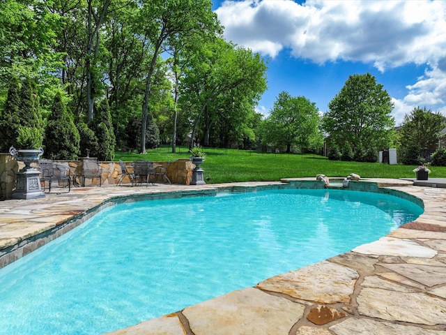 1004 Jones Pkwy, Brentwood, TN 37027 - swimming pool with a lawn, a patio area, and view of scattered trees