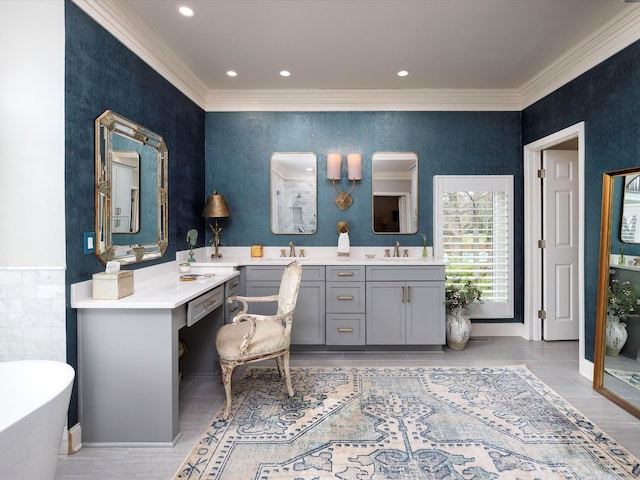 1004 Jones Pkwy, Brentwood, TN 37027 - full bathroom featuring crown molding, a freestanding tub, and double vanity