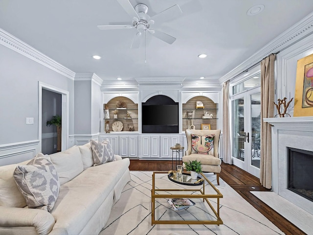 1004 Jones Pkwy, Brentwood, TN 37027 - living room with ornamental molding, a fireplace, recessed lighting, a ceiling fan, and wood finished floors