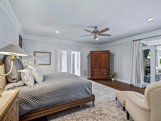 1004 Jones Pkwy, Brentwood, TN 37027 - bedroom with access to exterior, baseboards, dark wood finished floors, recessed lighting, and ornamental molding