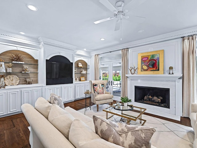 1004 Jones Pkwy, Brentwood, TN 37027 - living room with ornamental molding, recessed lighting, a ceiling fan, a premium fireplace, and wood finished floors