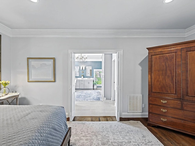 1004 Jones Pkwy, Brentwood, TN 37027 - bedroom featuring ornamental molding, baseboards, a chandelier, dark wood-type flooring, and recessed lighting