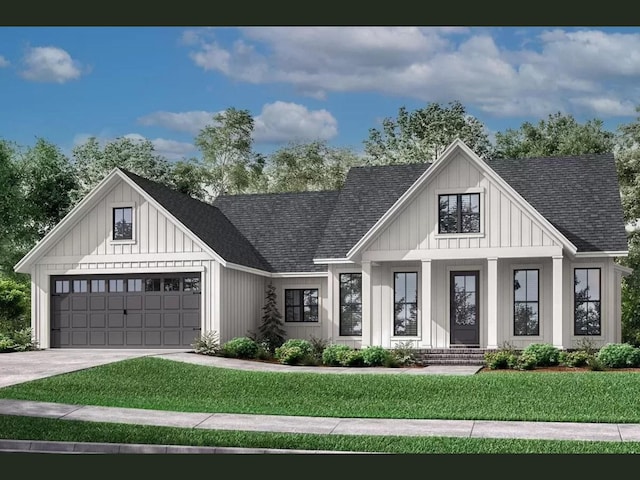 370 Dugout Rd, Summertown, TN 38483 - modern farmhouse featuring a shingled roof, a front lawn, driveway, an attached garage, and board and batten siding