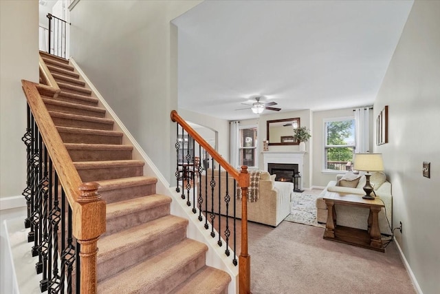 2740 Alvin Sperry Pass, Mount Juliet, TN 37122 - staircase featuring a ceiling fan, a warm lit fireplace, carpet flooring, and baseboards