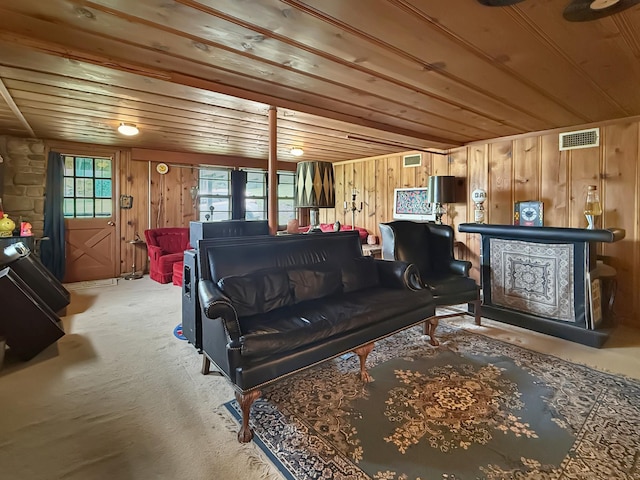3113 Stafford Dr, Nashville, TN 37214 - living room with wood ceiling, light colored carpet, and wood walls