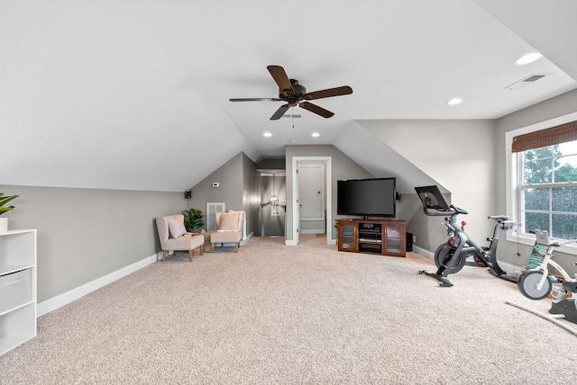 982 Red Bluff Way, Adams, TN 37010 - exercise area featuring baseboards, carpet floors, ceiling fan, lofted ceiling, and recessed lighting