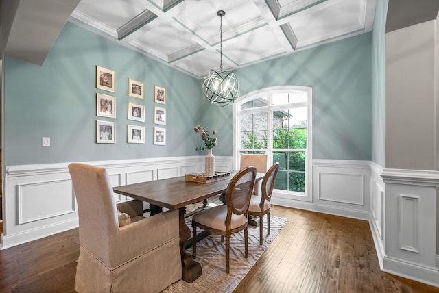 982 Red Bluff Way, Adams, TN 37010 - dining room with dark wood finished floors, a chandelier, beamed ceiling, a wainscoted wall, and coffered ceiling