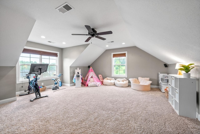 982 Red Bluff Way, Adams, TN 37010 - game room featuring carpet floors, vaulted ceiling, a ceiling fan, a textured ceiling, and recessed lighting