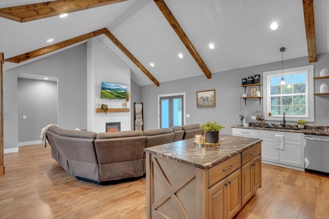 1270 Post Oak Rd, Belvidere, TN 37306 - kitchen with dishwasher, a sink, beamed ceiling, open shelves, and light wood finished floors