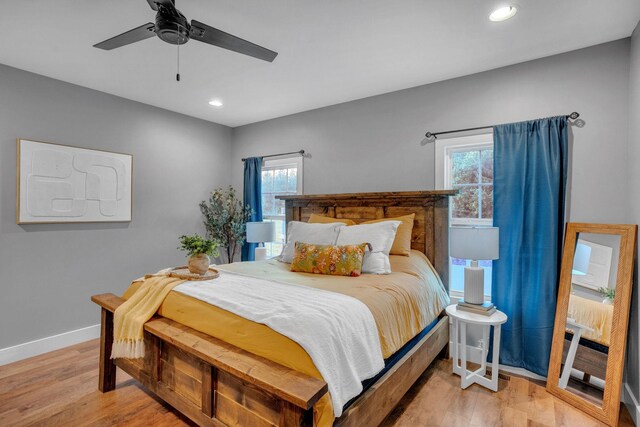 1270 Post Oak Rd, Belvidere, TN 37306 - bedroom with light wood finished floors, baseboards, ceiling fan, and recessed lighting