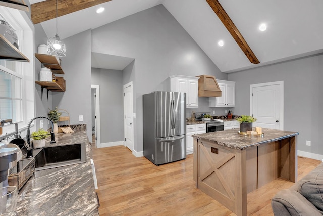 1270 Post Oak Rd, Belvidere, TN 37306 - kitchen featuring stainless steel appliances, high vaulted ceiling, a sink, baseboards, and dark stone countertops