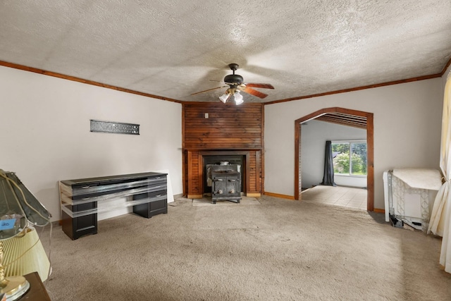 210 Welch Rd, Tazewell, TN 37879 - unfurnished living room with a wood stove, ceiling fan, crown molding, carpet, and baseboards