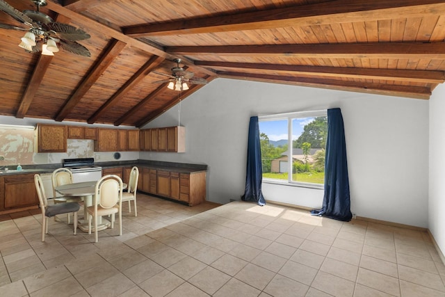 210 Welch Rd, Tazewell, TN 37879 - kitchen with a ceiling fan, brown cabinetry, wood ceiling, dark countertops, and light tile patterned floors